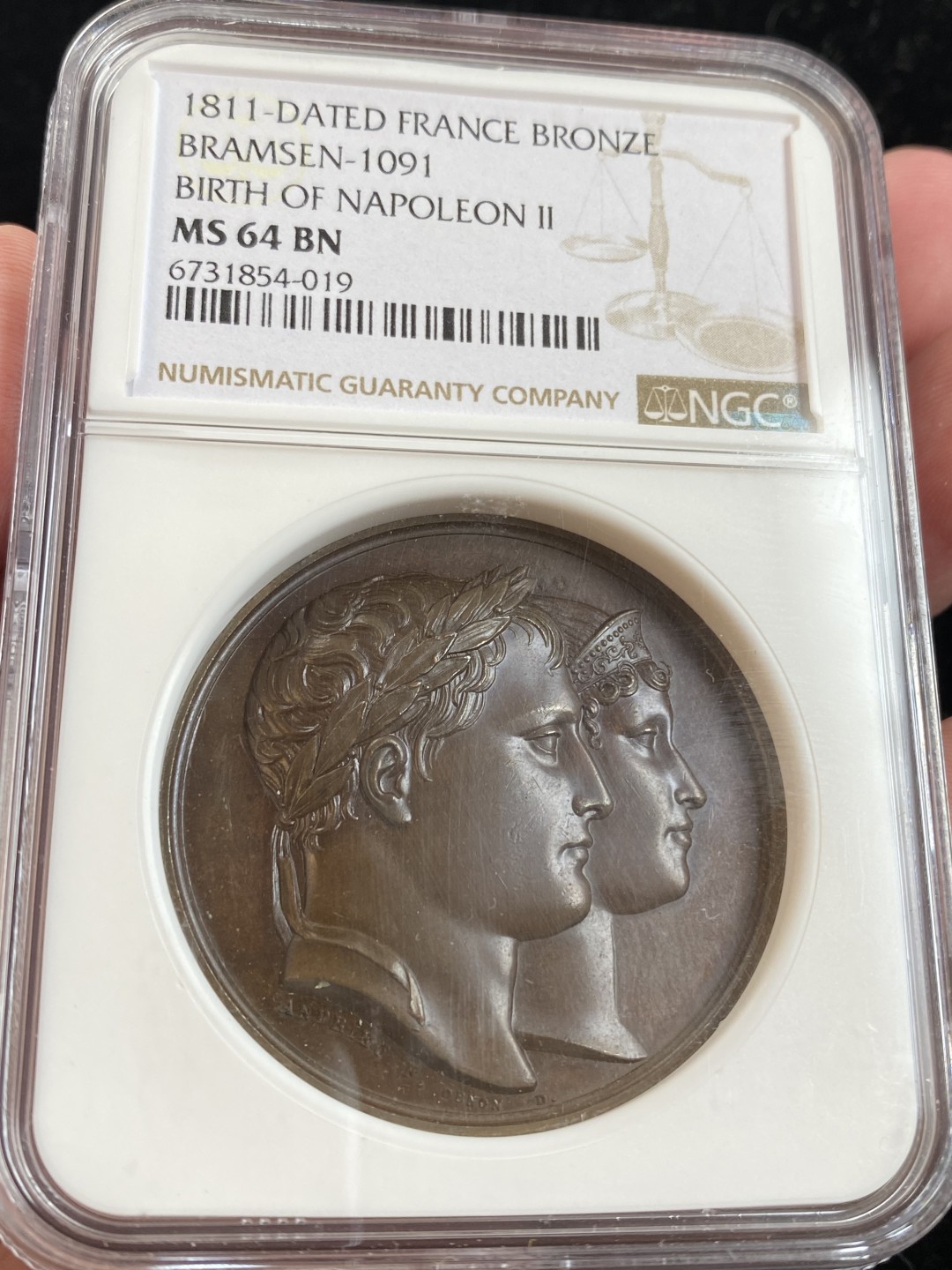 万国钱币拍卖第009期（万国白金之夜） NGC MS64 1811年拿破仑一世之子罗马王诞生纪念原铸铜章，完美品相状态。