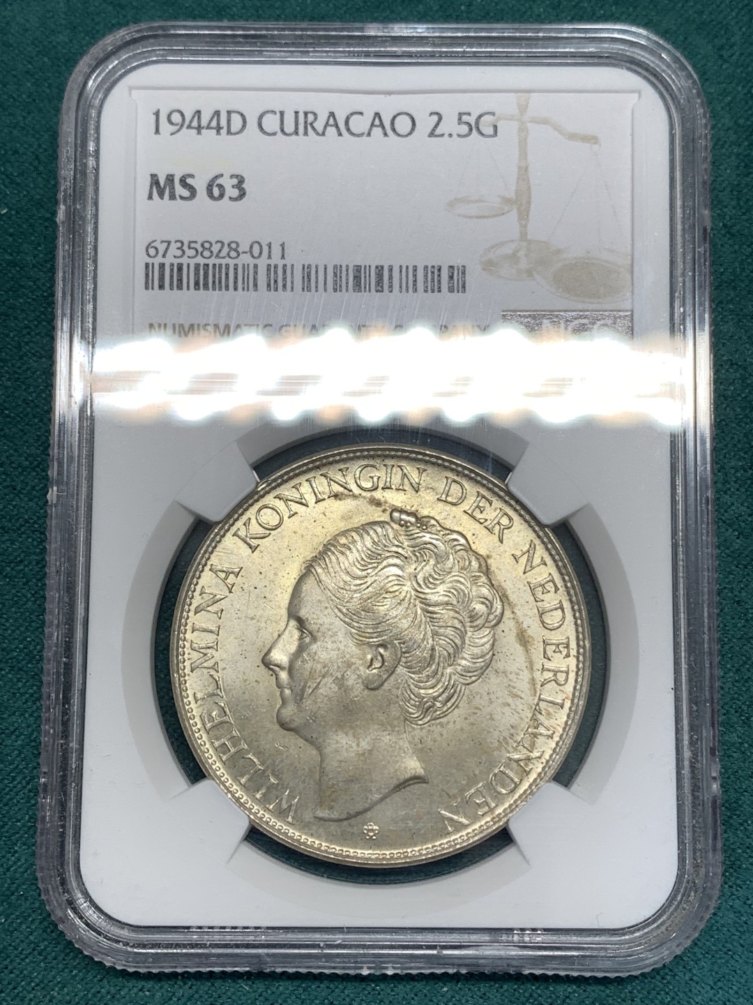 《竞宝斋》第169场-周日，周一2场 (全场包邮) NGC-MS63 荷属库拉索1944年 威廉米娜女王 2.5盾大银币 顶级原光好品