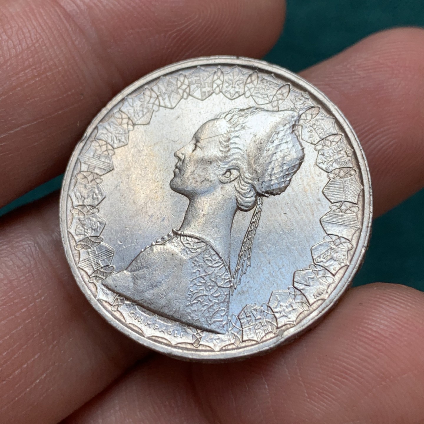 《竞宝斋》第169场-周日，周一2场 (全场包邮) 意大利 1960年 意大利 人妻帆船 500里拉银币 少见年份