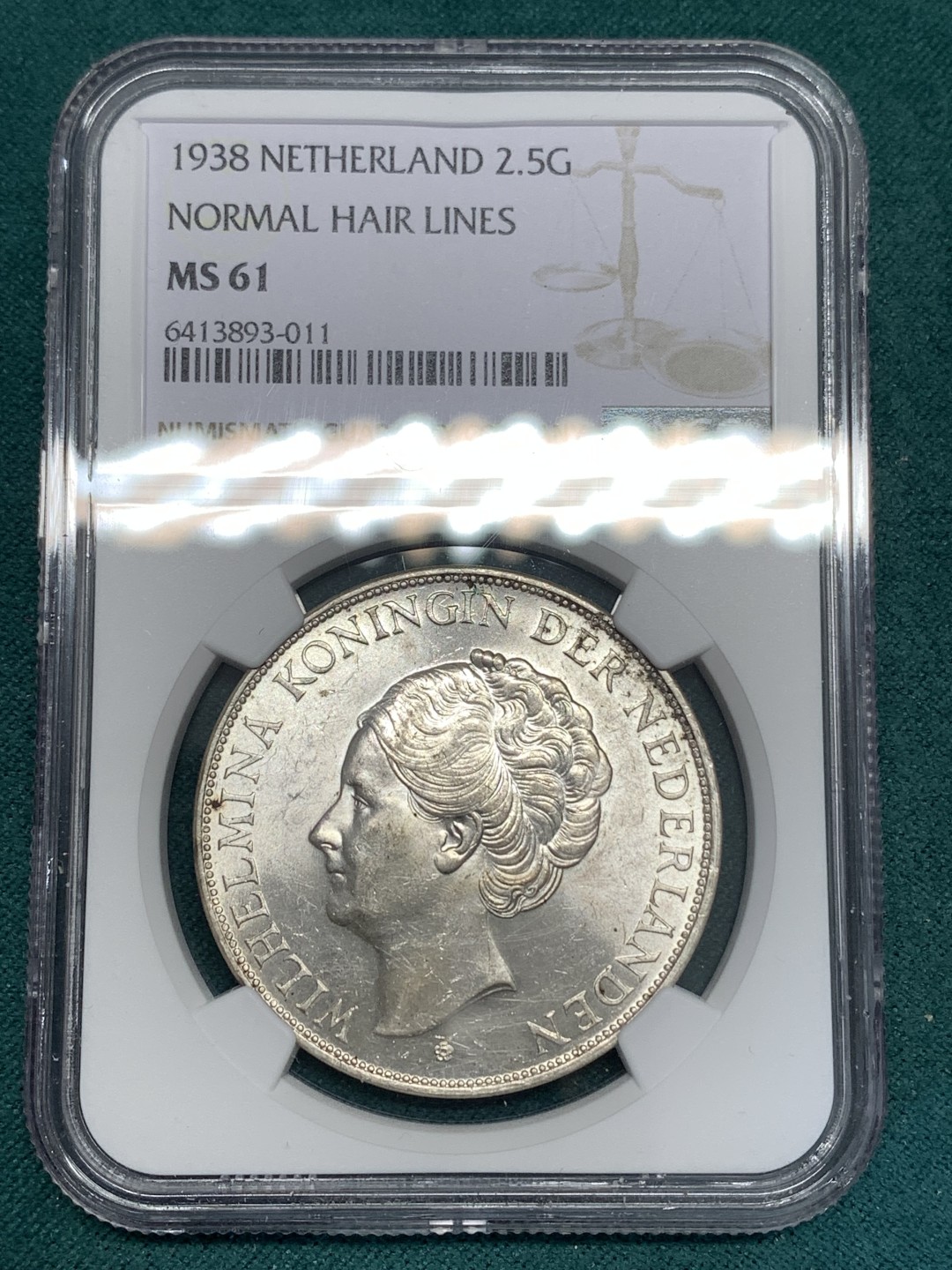 《竞宝斋》第169场-周日，周一2场 (全场包邮) NGC-MS61 荷兰1938年 威廉米娜女王 2.5盾 原光好品