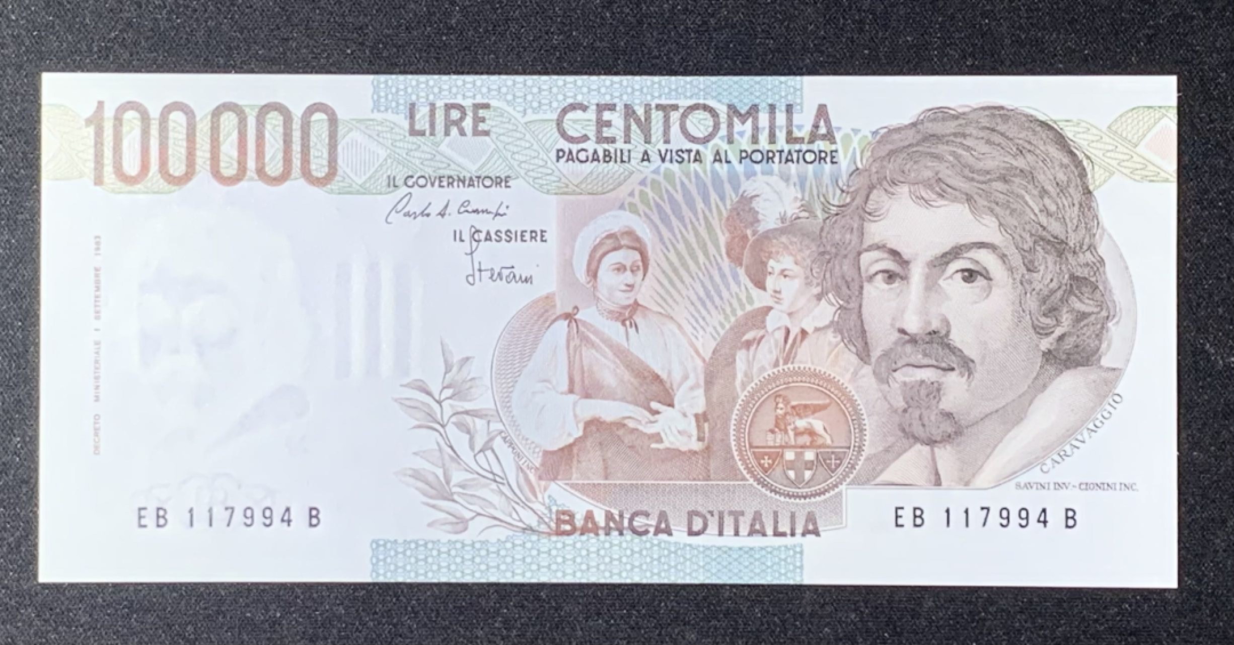 紫瑗钱币——第274期拍卖—纸币场 意大利 1983年 卡拉瓦乔 水果篮 初版 100000里拉 UNC