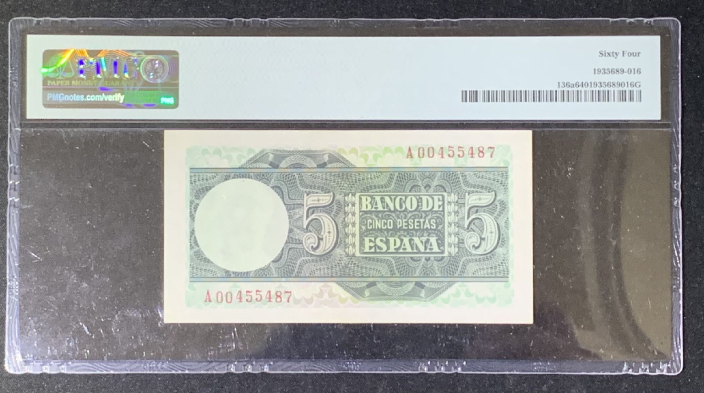 紫瑗钱币——第274期拍卖—纸币场 西班牙 1948年 胡安 塞瓦斯蒂安 5比塞塔 PMG 64 