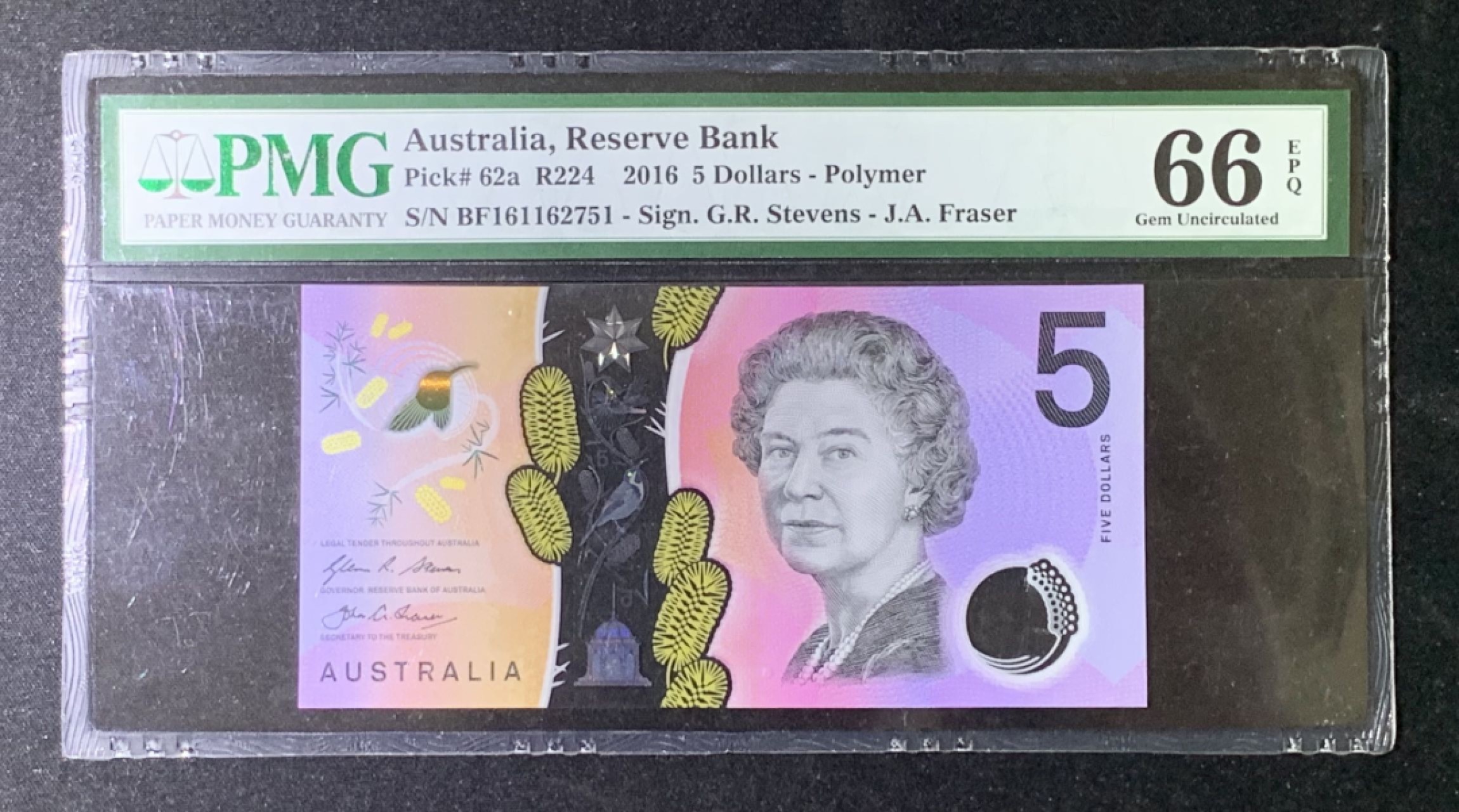 紫瑗钱币——第274期拍卖—纸币场 澳大利亚 2016年 5澳元 PMG 66 EPQ （P-62a）