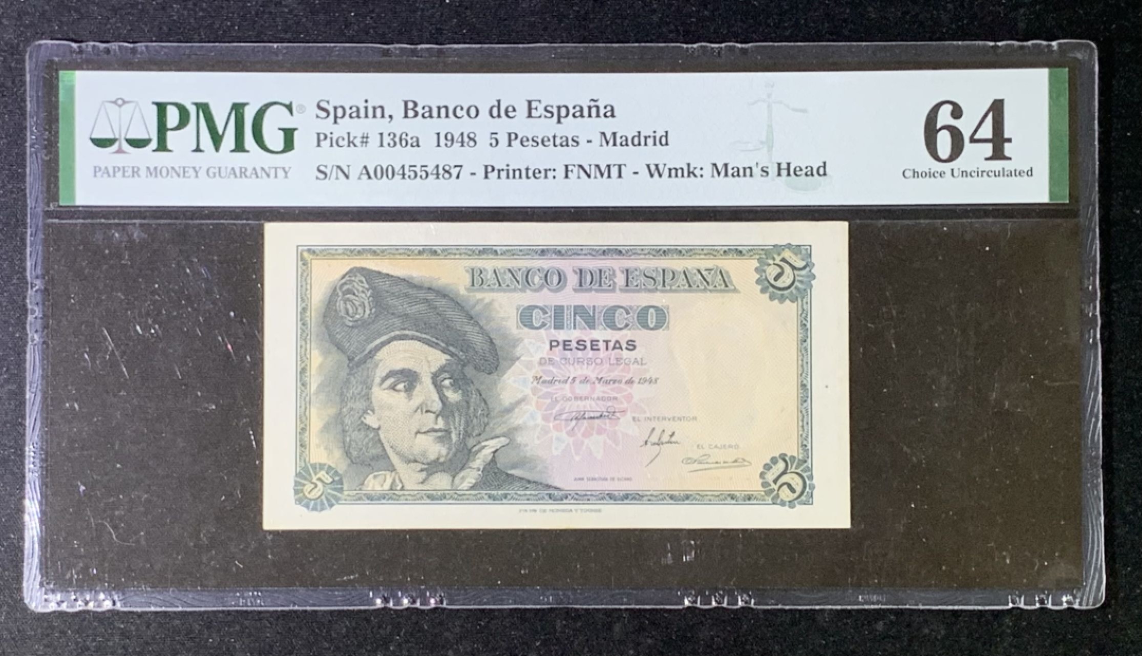 紫瑗钱币——第274期拍卖—纸币场 西班牙 1948年 胡安 塞瓦斯蒂安 5比塞塔 PMG 64 