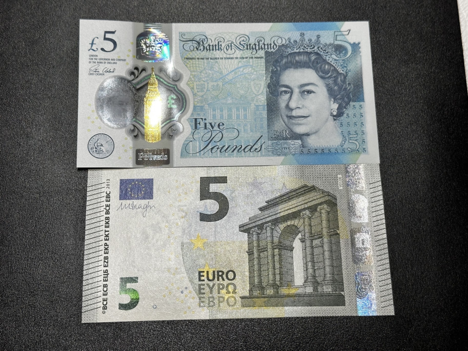 《外钞收藏家》第二百七十二期 英国塑料钞5镑+5欧元纸币 两张 全新UNC