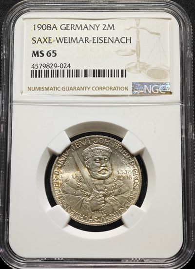 【德藏】世界币章拍卖第12期 - 1908年 德国 萨克森 耶拿大学 2马克 银币 NGC MS65
