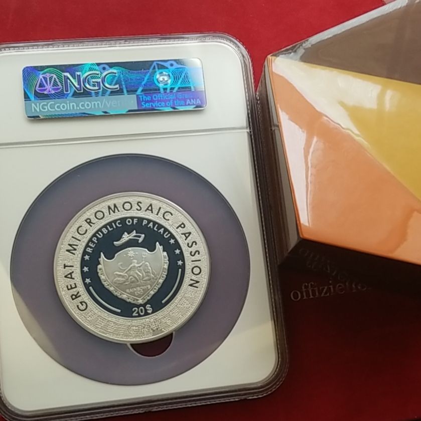 【币将精彩】世界钱币拍卖（2025-9-24） 帕劳2020年马赛克系列抱貂的女人彩色大银币NGC评级币 