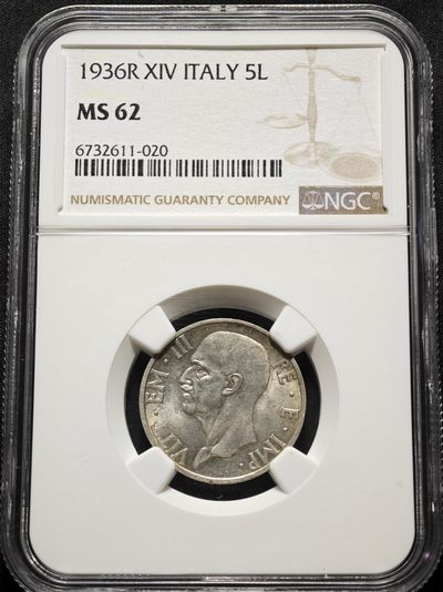 【德藏】世界币章拍卖第12期 - 1936年 意大利 5里拉 银币 NGC MS62