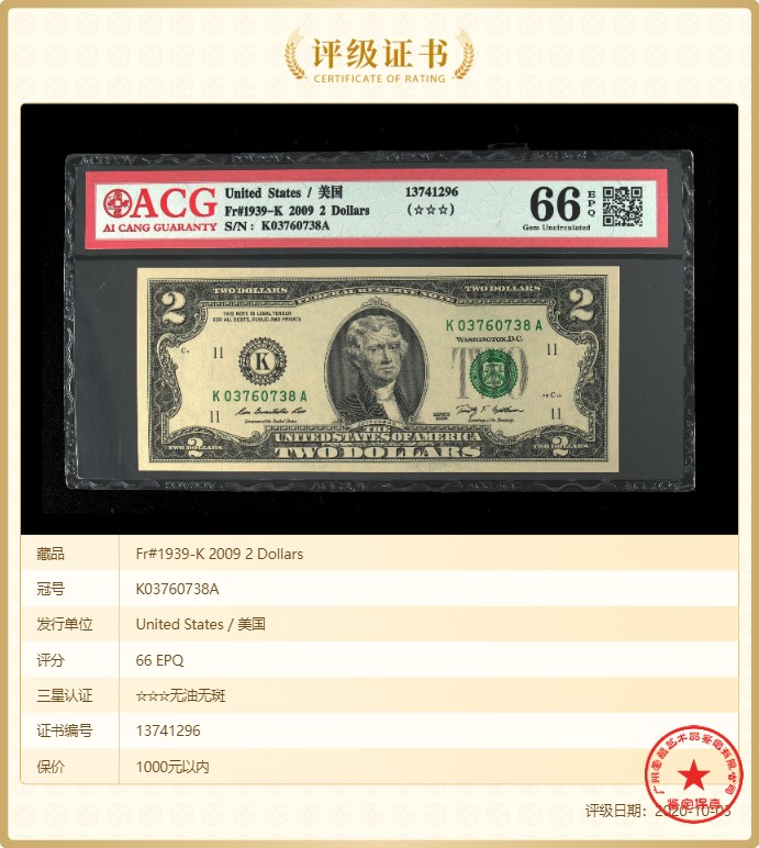 美元专场蓝库印红库印 2美元绿库印联邦券K03760738A