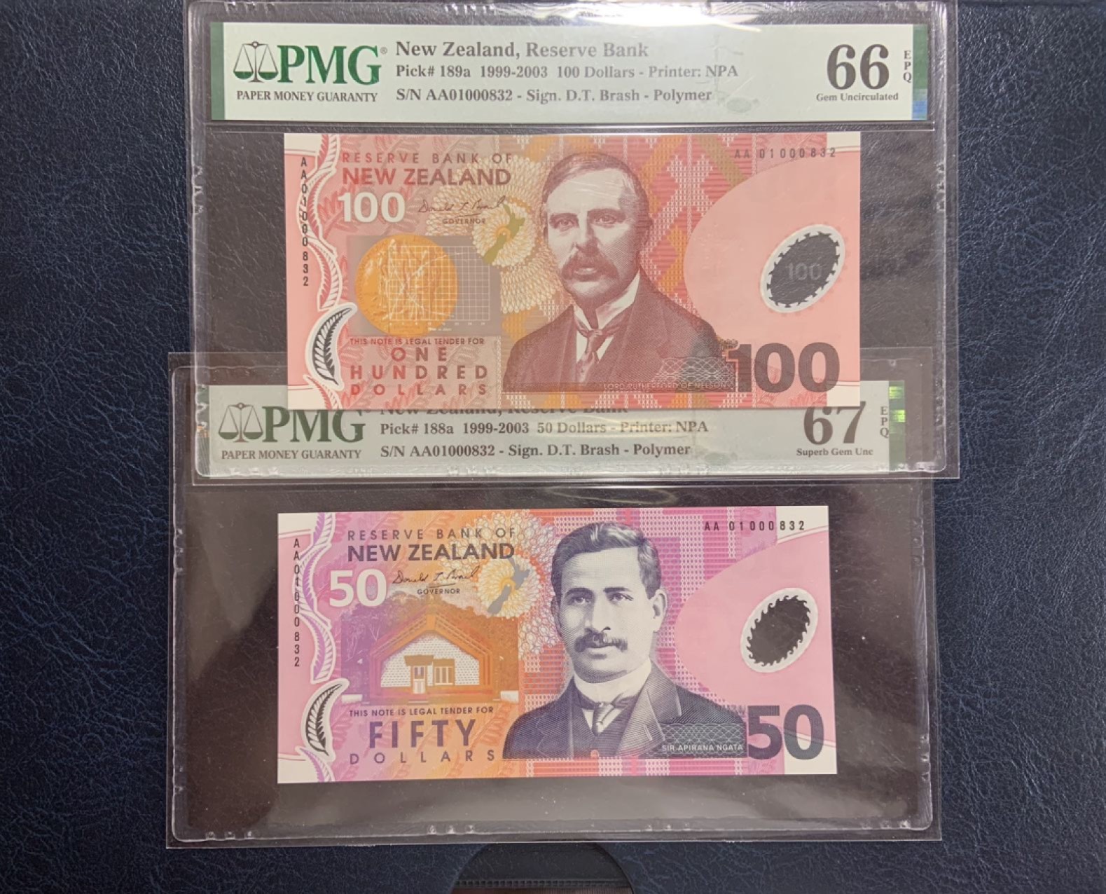 收藏联盟Quantum Auction 第263期拍卖  新西兰1999-2002年5-100元首发全同百位号 PMG66-68 号码无47