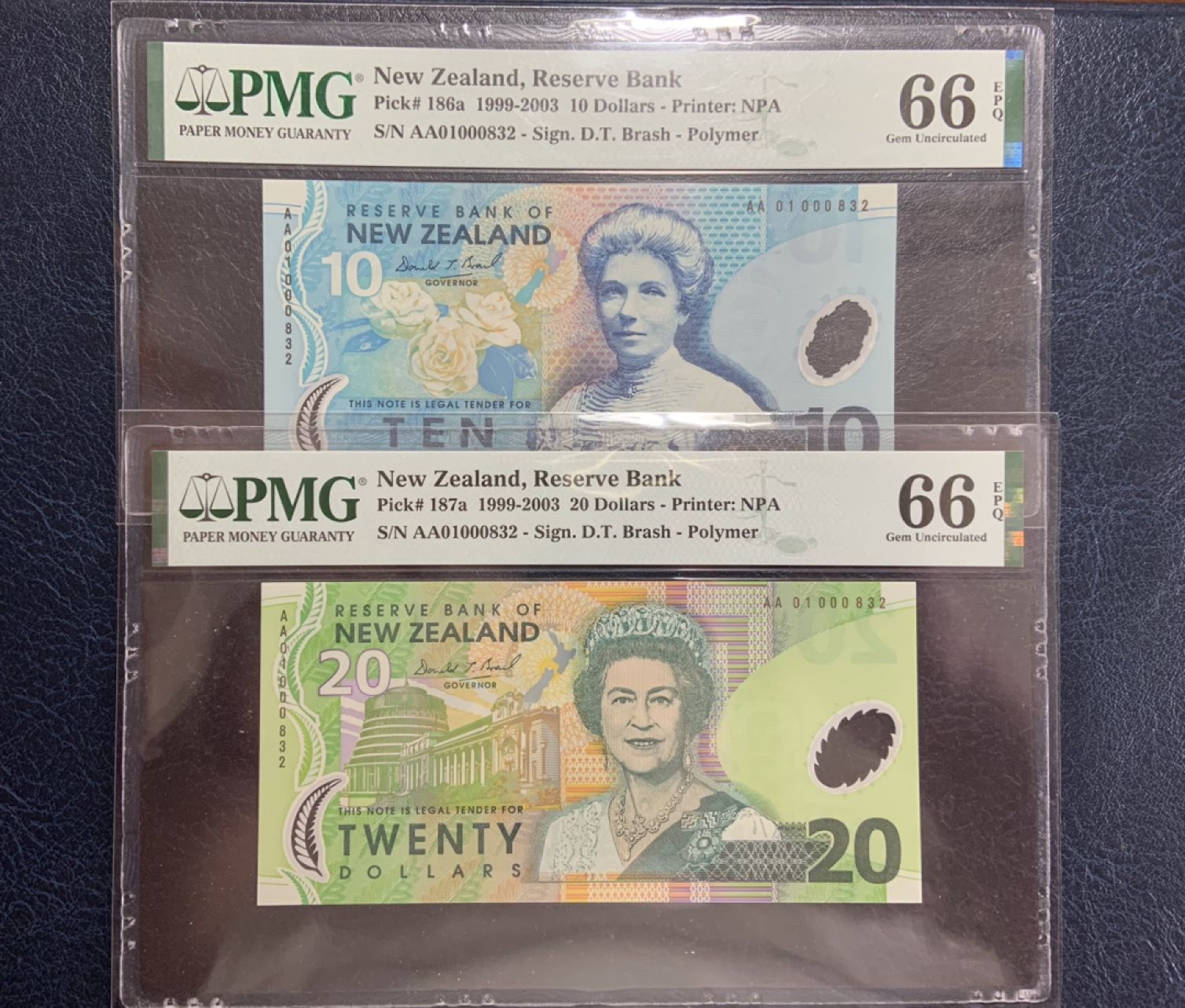 收藏联盟Quantum Auction 第263期拍卖  新西兰1999-2002年5-100元首发全同百位号 PMG66-68 号码无47