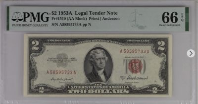美元专场蓝库印红库印 - 首发AA冠序列号:A58595733A2美元红库印战争券Legal Tender Note, $2 1953A Small Size