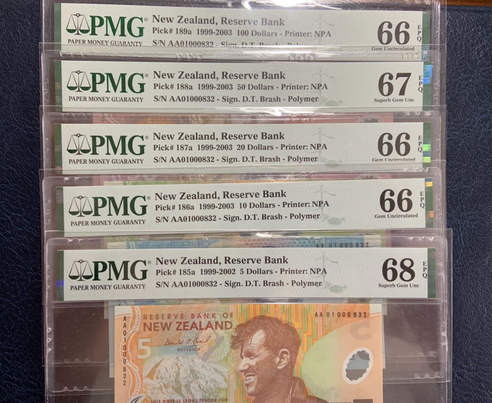 收藏联盟Quantum Auction 第263期拍卖  新西兰1999-2002年5-100元首发全同百位号 PMG66-68 号码无47