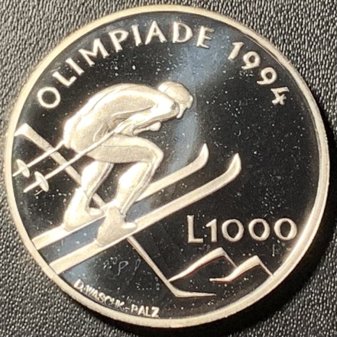 紫瑗钱币——第317期拍卖 圣马力诺 1994年 利勒哈默尔冬奥会 高台滑雪 1000里拉 14.6克 0.835银 精制