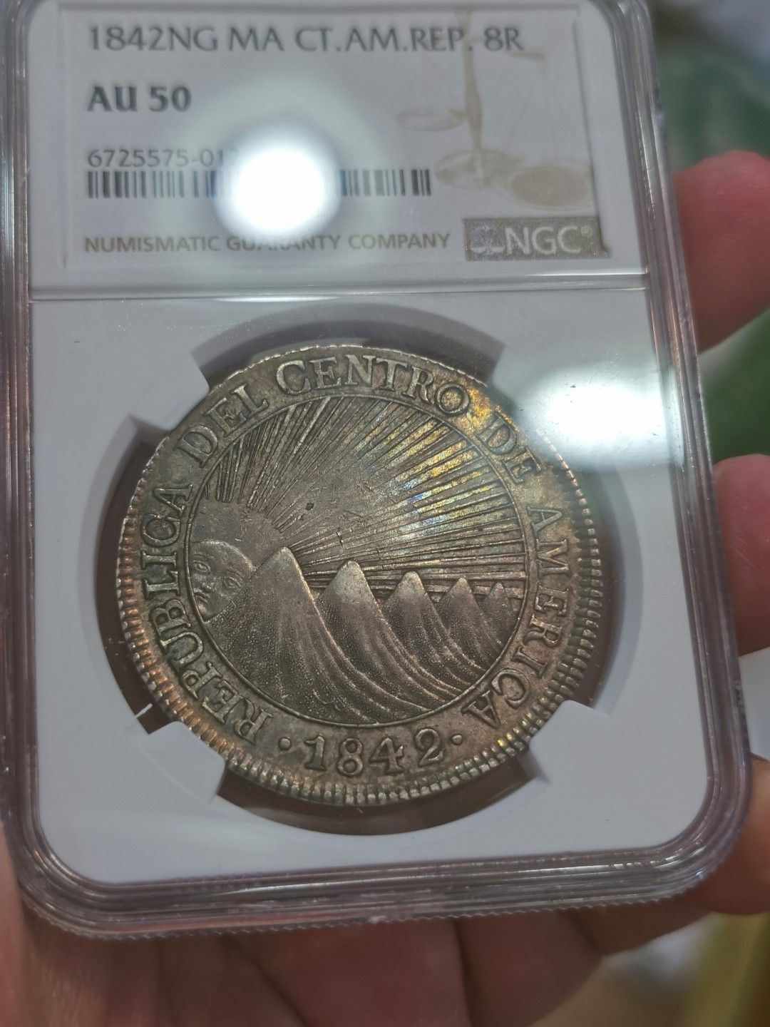 博洋堂章牌藏家系列场①暨第029期（全场包邮） NGC AU50 中美洲共和国太阳脸 1842 8里亚尔 五彩爆浆 最热门的美洲币 目前价格还是十几年前价格