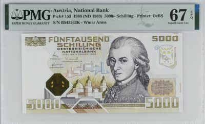 《张总收藏》104期—外币精品 - 1988年奥地利5000先令最高值PMG67E亚军分，冠军68分仅1张，名誉品钢琴家莫扎特