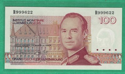卢森堡100法郎 1986年 P-58b R字冠 无47 22双尾 注意签名 欧洲纸币 实物图 UNC - 卢森堡100法郎 1986年 P-58b R字冠 无47 22双尾 注意签名 欧洲纸币 实物图 UNC