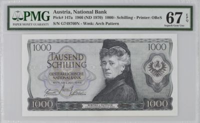 《张总收藏》104期—外币精品 - 奥地利1966年1000先令PMG67E亚军分 雕刻绝绝子 奥地利女作家苏特纳