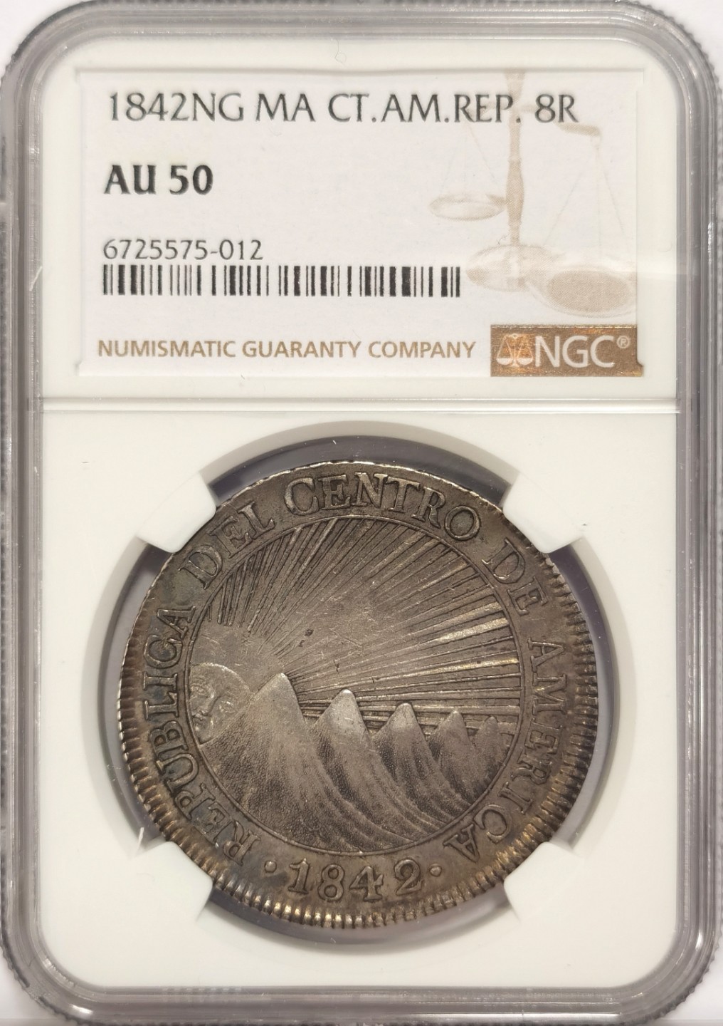 博洋堂章牌藏家系列场①暨第029期（全场包邮） NGC AU50 中美洲共和国太阳脸 1842 8里亚尔 五彩爆浆 最热门的美洲币 目前价格还是十几年前价格