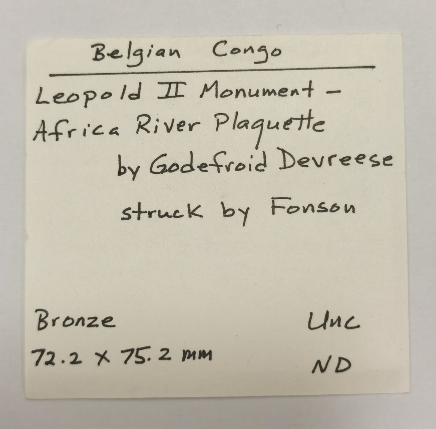 博洋堂章牌藏家系列场①暨第029期（全场包邮） 比属刚果1906年利奥波德二世非洲河大型纪念铜章 UNC 72X75mm 带藏家原始标签