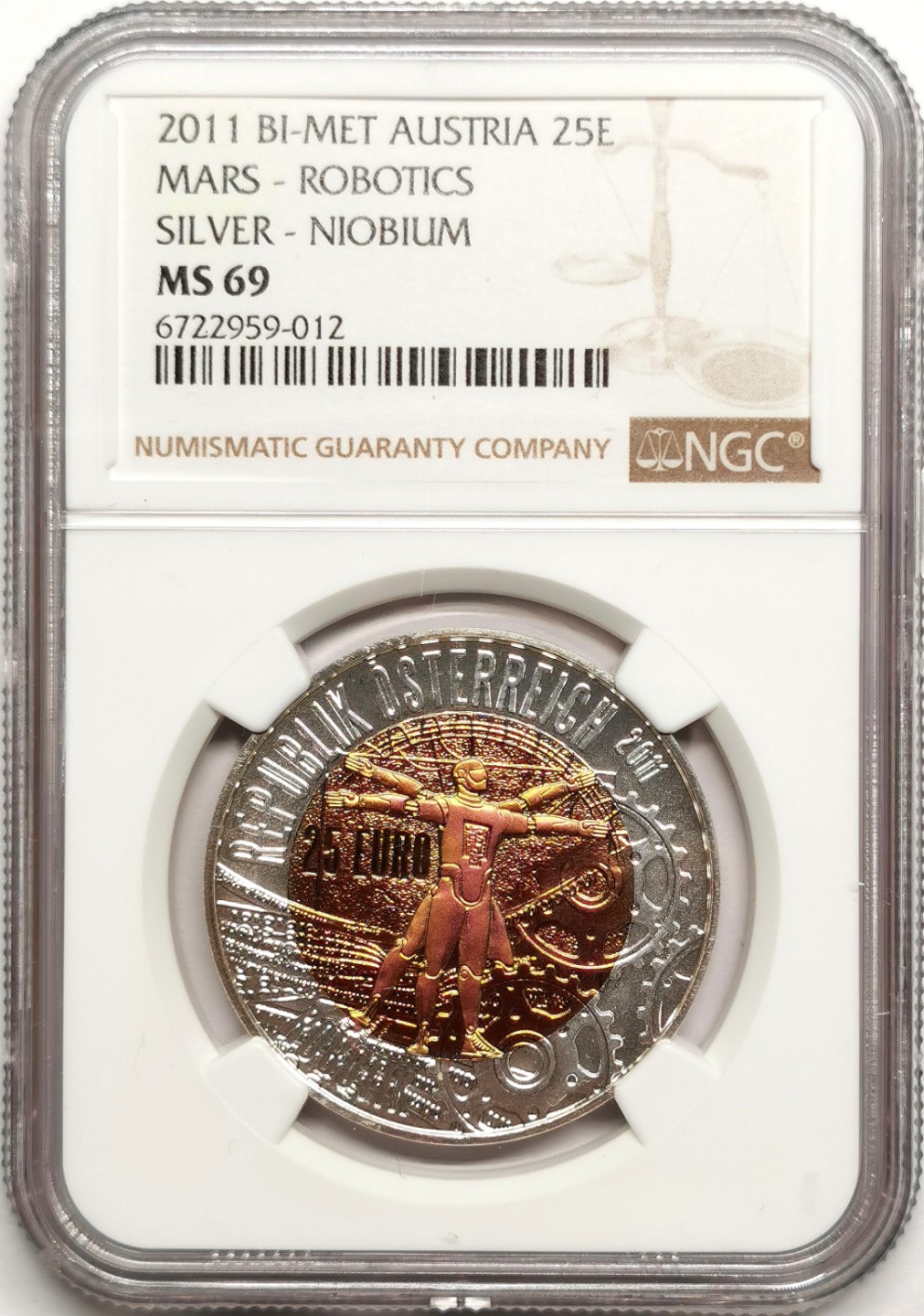 凡希社世界钱币微拍第二百四十一期 2011奥地利银铌双金属25欧罗NGC-MS69火星登陆与机器人