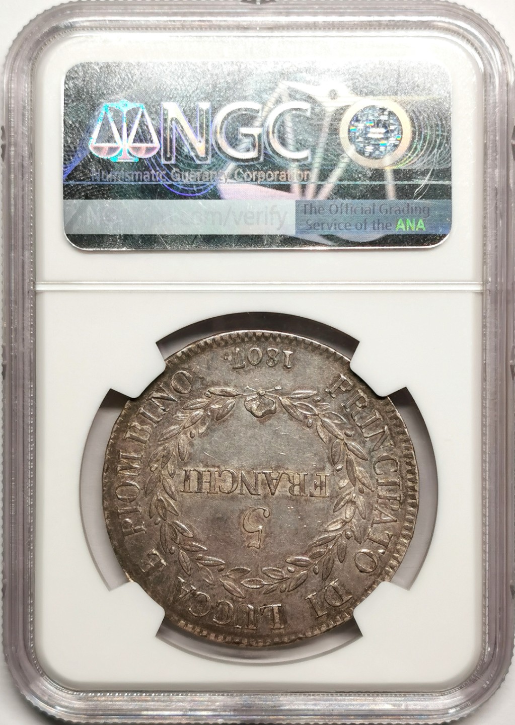 凡希社世界钱币微拍第二百四十一期 1807意大利卢卡5法郎大银NGC-AU53
