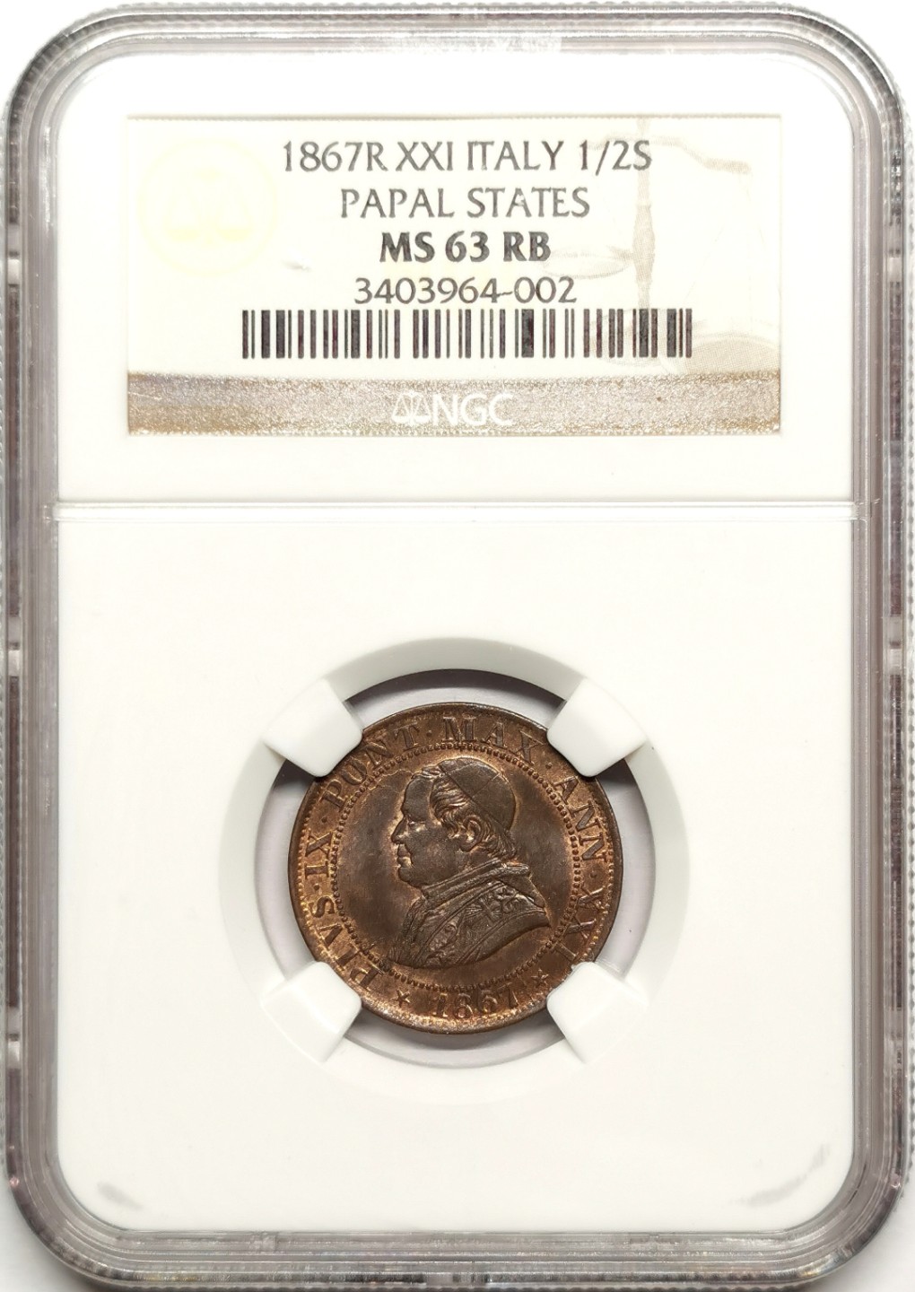 凡希社世界钱币微拍第二百四十一期 1867教皇国庇护九世1/2S铜币NGC-MS63