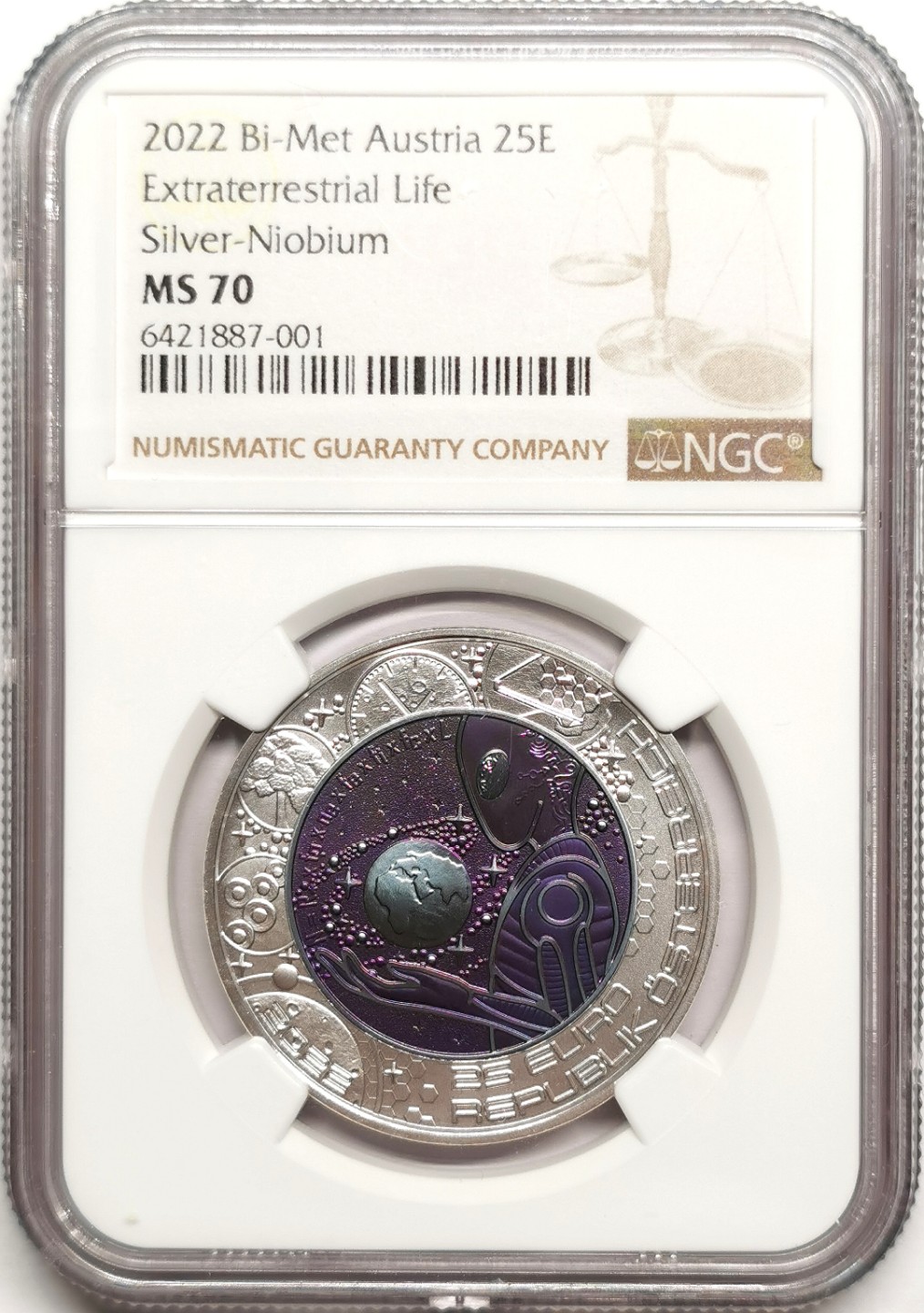 凡希社世界钱币微拍第二百四十一期 2022奥地利银铌双金属25欧罗NGC-MS70星际生命！