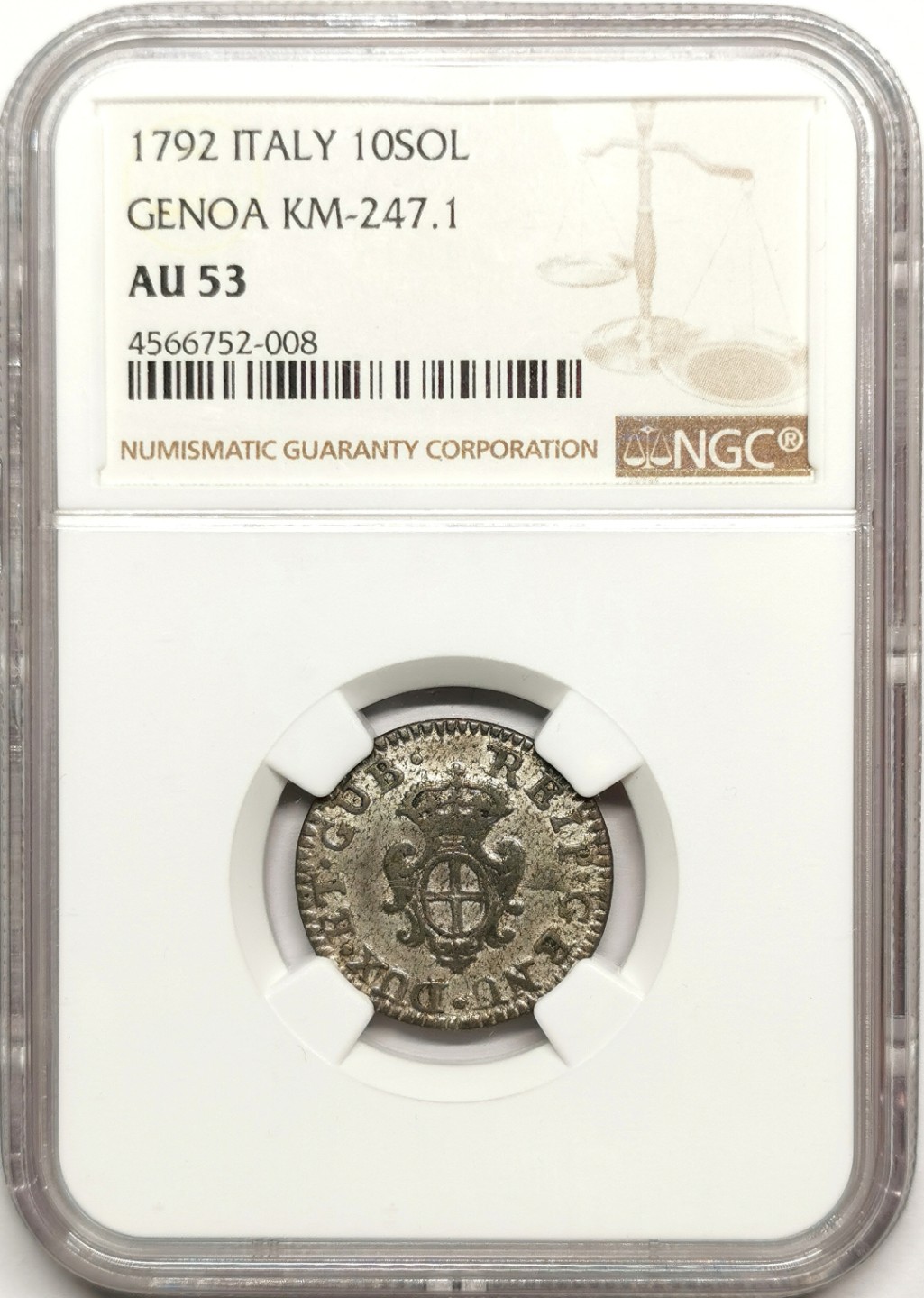 1792意大利热那亚10S银币NGC-AU53唯一最高分！