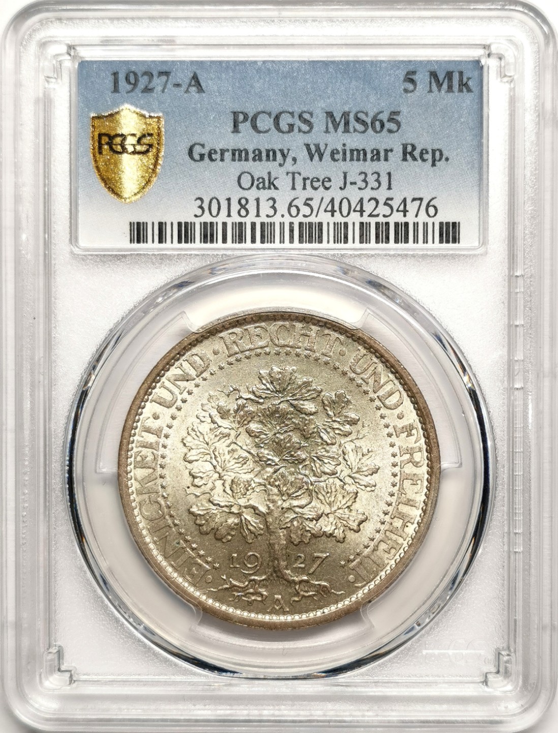 凡希社世界钱币微拍第二百四十一期 1927A魏玛橡树5马克大银PCGS-MS65收藏级！