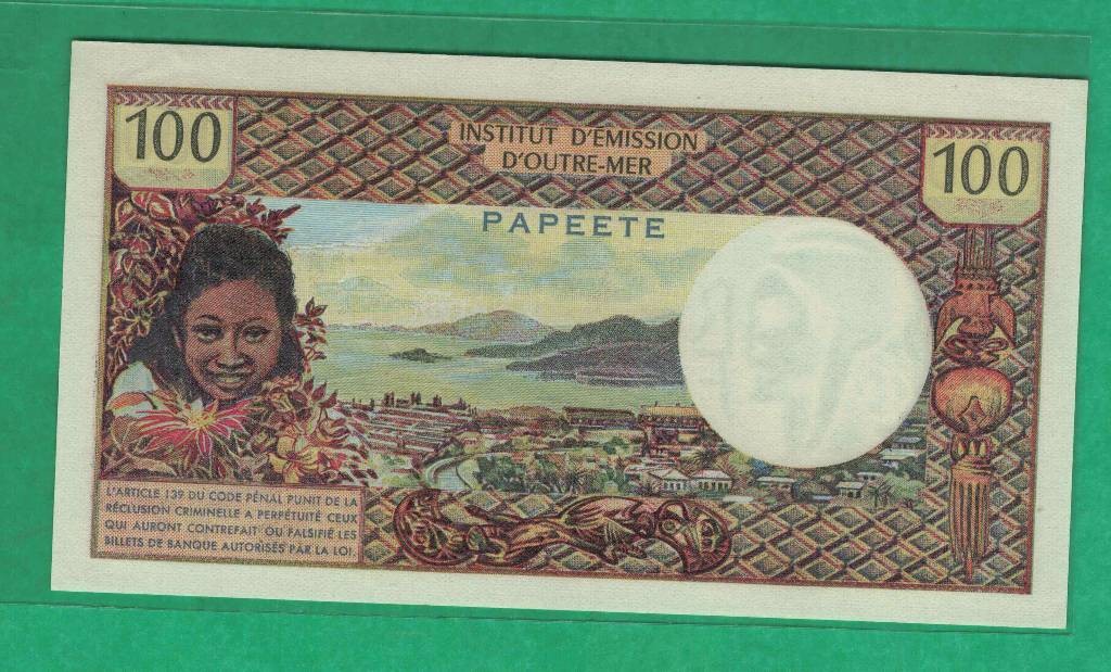 塔希提岛(大溪地)100法郎 1971年(1973年) 加PAEETE P-24 大洋洲纸币 实物图 UNC
