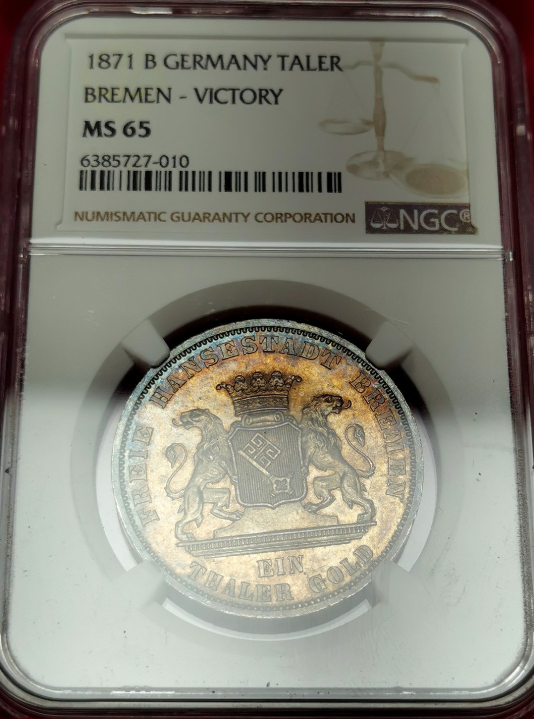 凡希社世界钱币微拍第二百四十一期 荐！1871不来梅胜利泰勒NGC-MS65淡金包浆！