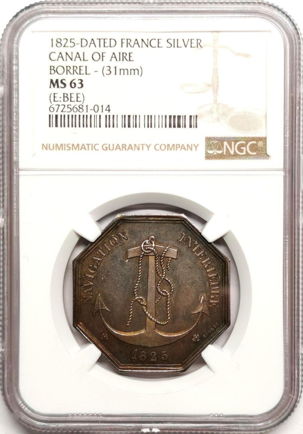 凡希社世界钱币微拍第二百四十一期 1825法国艾尔运河八角银章NGC-MS63