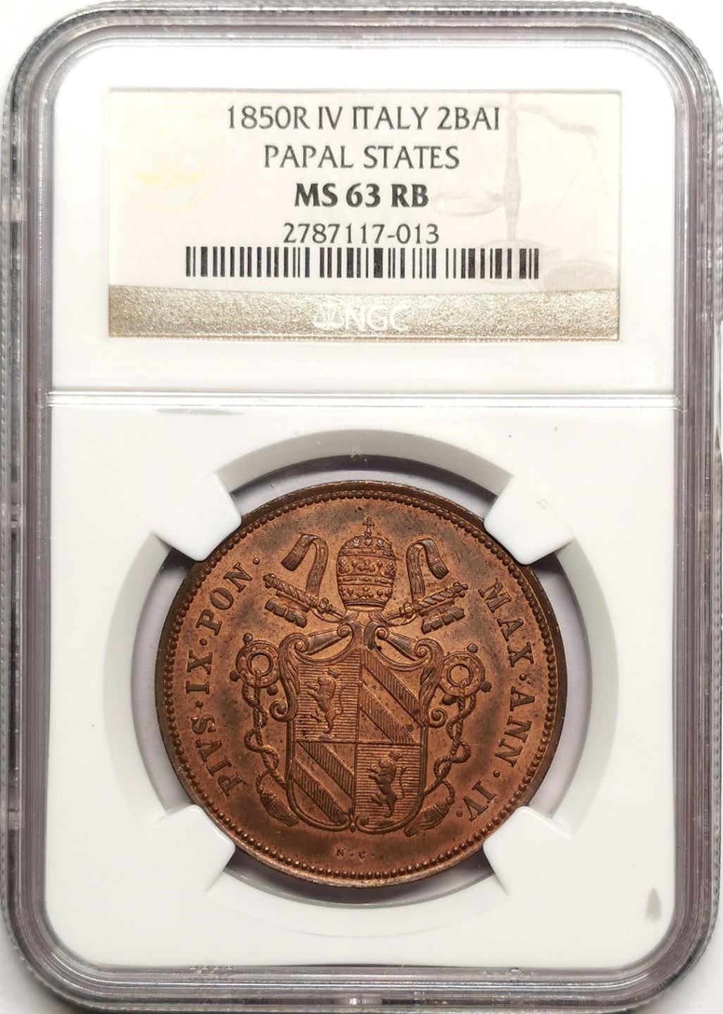 凡希社世界钱币微拍第二百四十一期 1850教皇国庇护九世2B大铜NGC-MS63