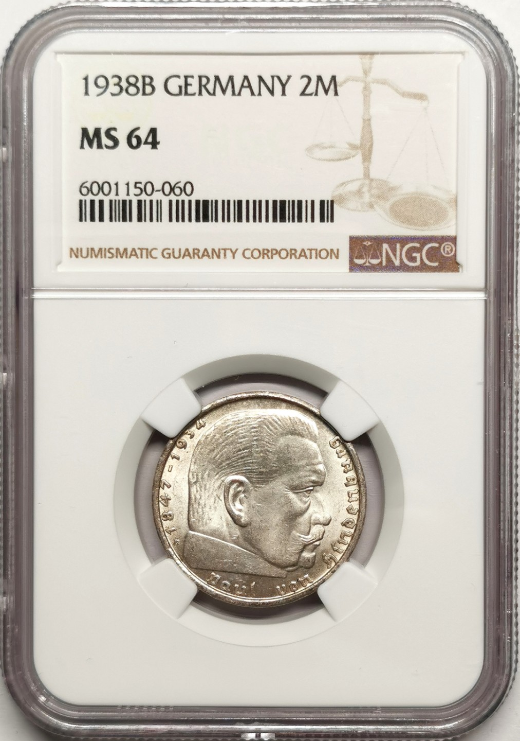 凡希社世界钱币微拍第二百四十一期 1938德国兴登堡2马克银币NGC-MS64