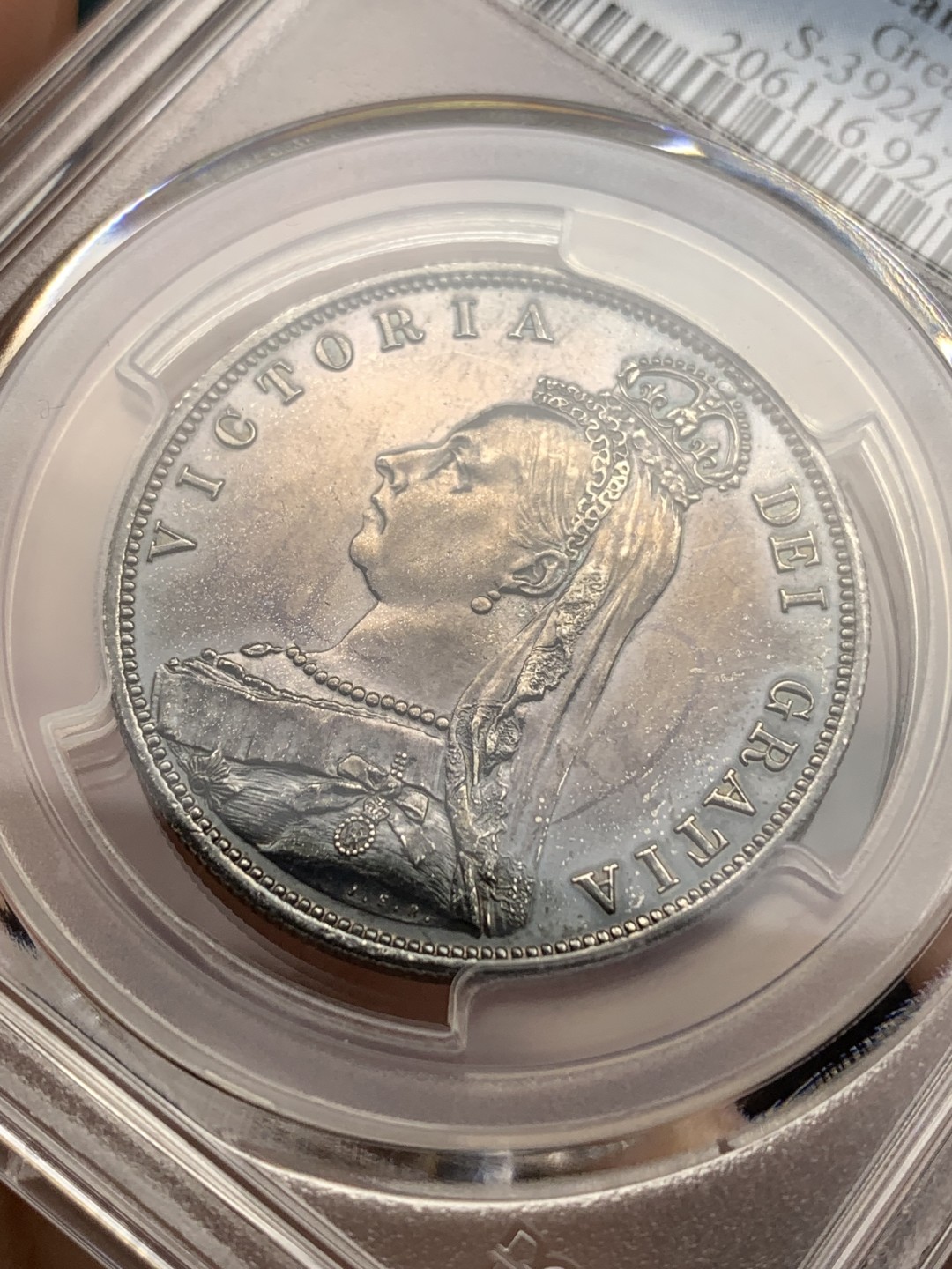 《竞宝斋》第171场-周日，周一2场 (全场包邮) PCGS AU 英国 1887年 维多利亚 高冠 半克朗银币 深彩包浆