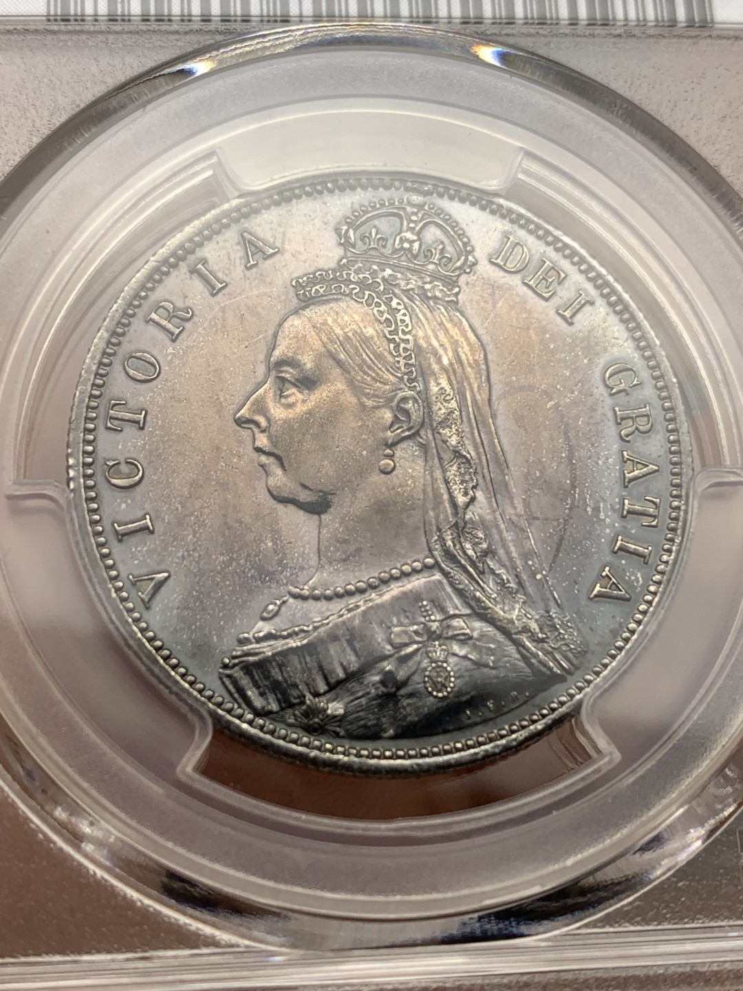 《竞宝斋》第171场-周日，周一2场 (全场包邮) PCGS AU 英国 1887年 维多利亚 高冠 半克朗银币 深彩包浆