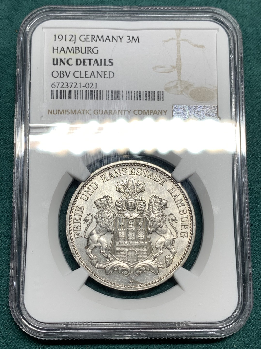 《竞宝斋》第171场-周日，周一2场 (全场包邮) NGC-UNC 德国汉堡 双狮盾牌3马克银币 顶级原光好品 看不出有洗