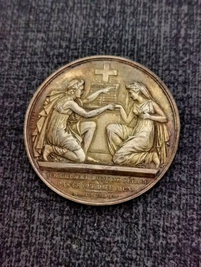 欧洲钱币 章牌专【13】 - 1856年法国早期婚礼镀金银章 大版婚章 纪念章