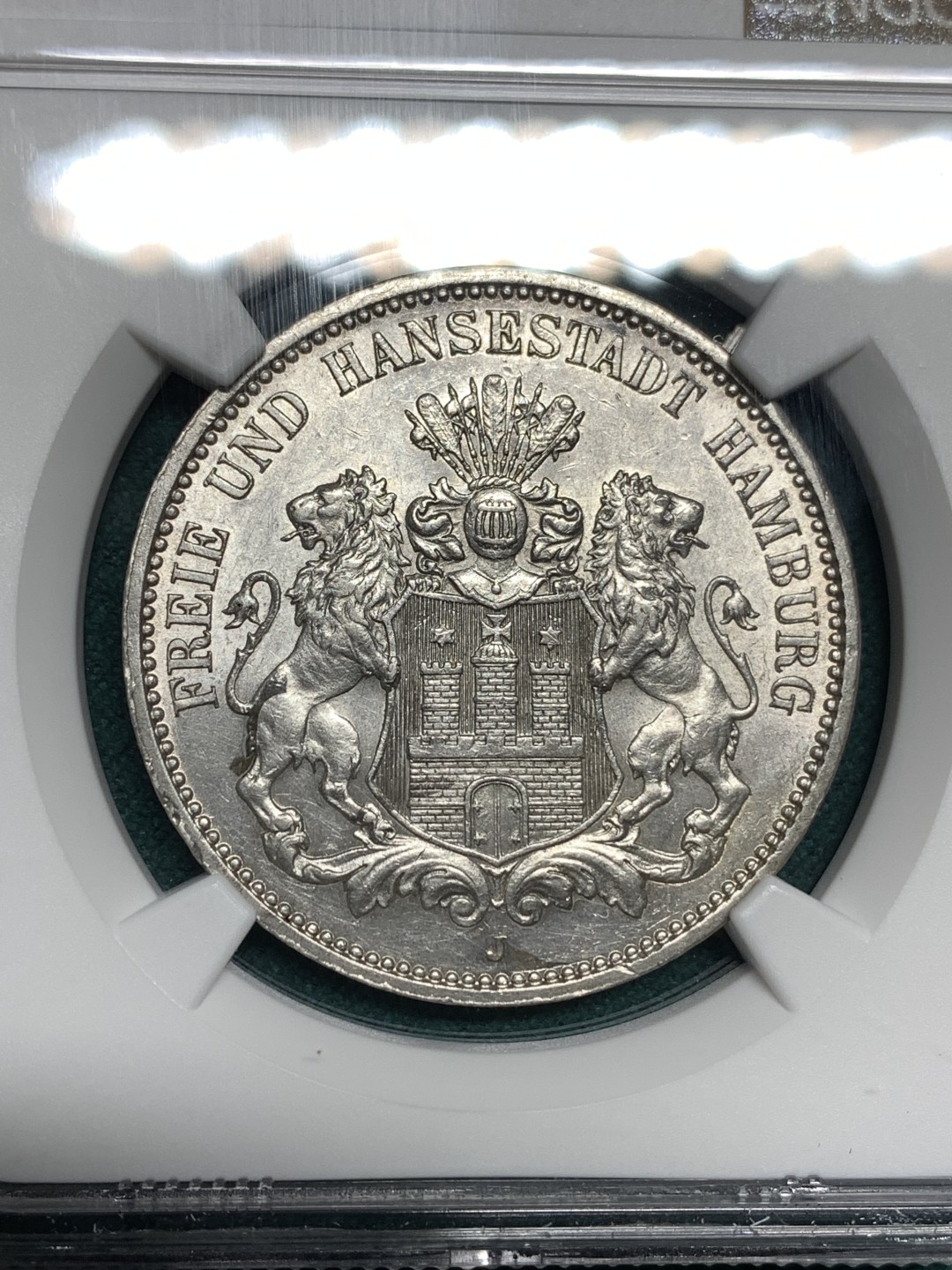 《竞宝斋》第171场-周日，周一2场 (全场包邮) NGC-UNC 德国汉堡 双狮盾牌3马克银币 顶级原光好品 看不出有洗