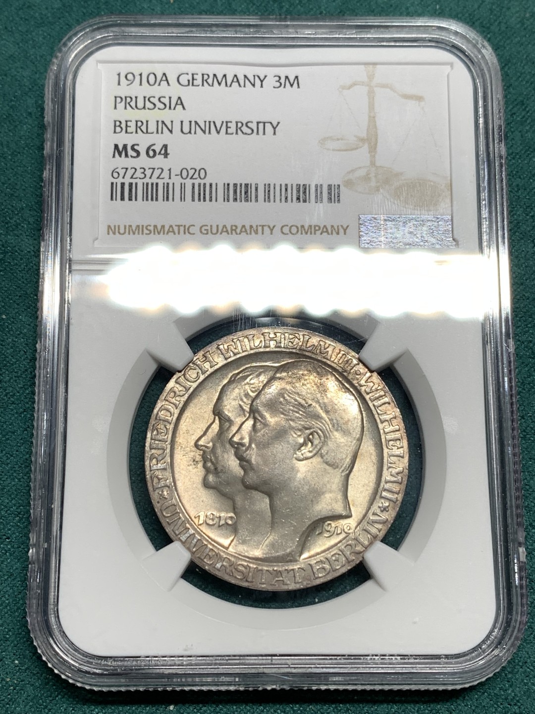 《竞宝斋》第171场-周日，周一2场 (全场包邮) NGC-MS64 德国普鲁士 1910年 柏林大学3马克银币 较少见