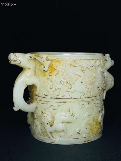 旧藏●精美和田玉浮雕龙凤笔筒 旧藏●精美和田玉浮雕龙凤笔筒