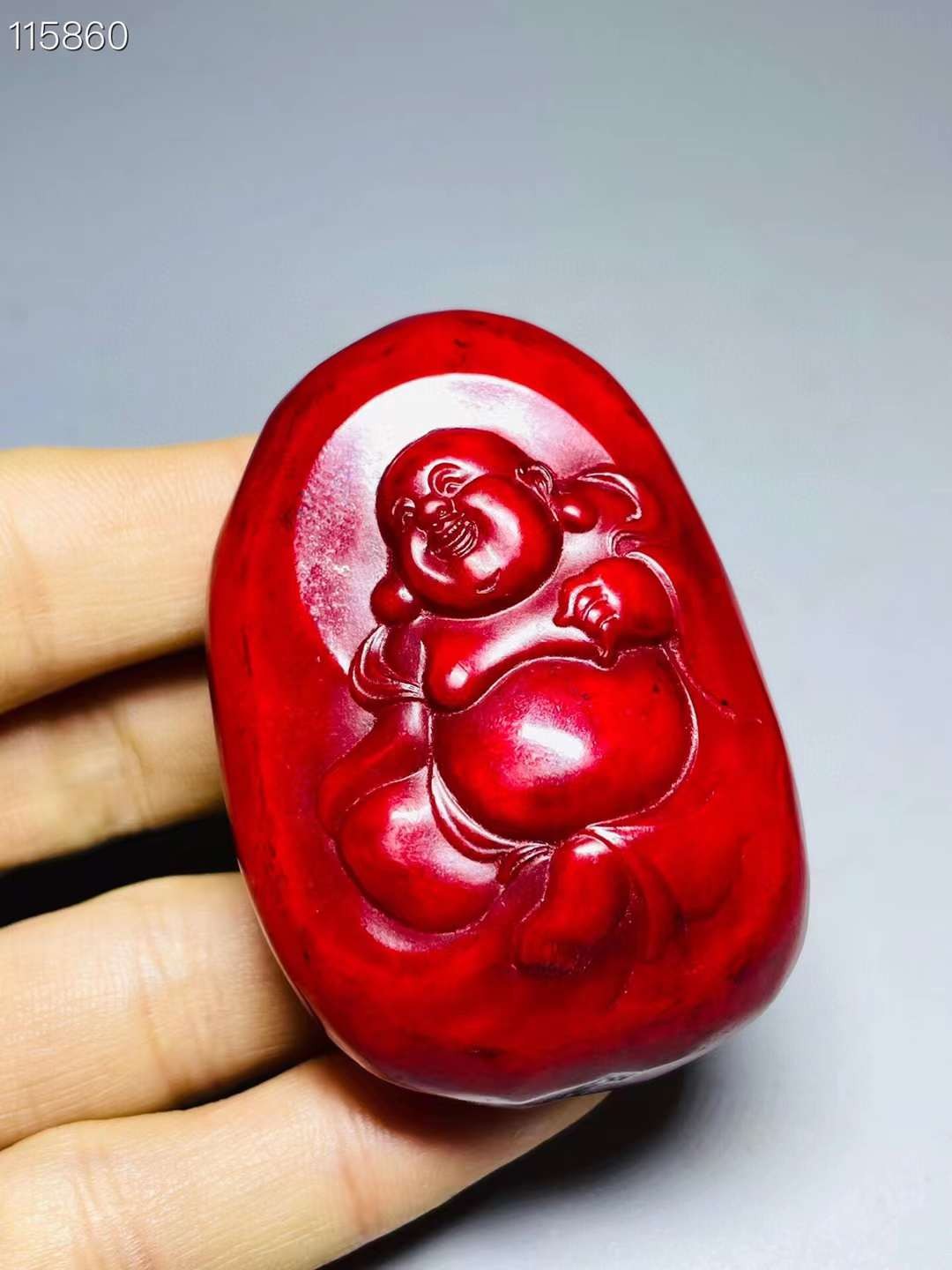 旧藏●精品和田红玉弥勒佛手把件