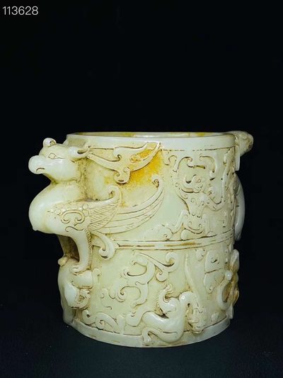 旧藏●精美和田玉浮雕龙凤笔筒 旧藏●精美和田玉浮雕龙凤笔筒