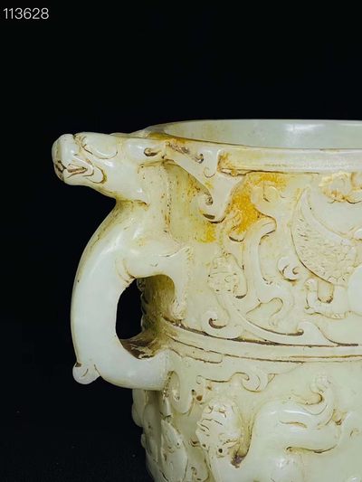 旧藏●精美和田玉浮雕龙凤笔筒 旧藏●精美和田玉浮雕龙凤笔筒