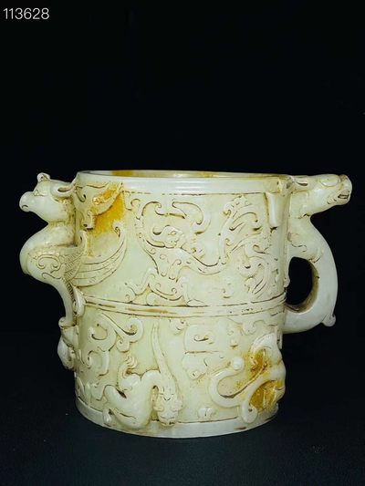 旧藏●精美和田玉浮雕龙凤笔筒 旧藏●精美和田玉浮雕龙凤笔筒