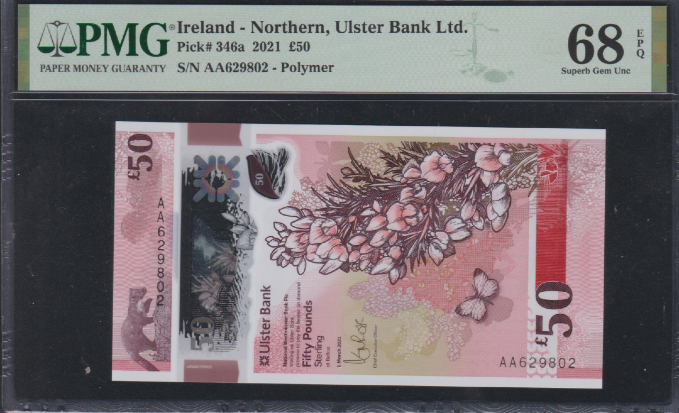 草稿银行第五期国内外钞票拍卖 北爱尔兰2021年版50镑塑料钞 无47 AA首发冠 PMG68 季军分 更高仅7张
