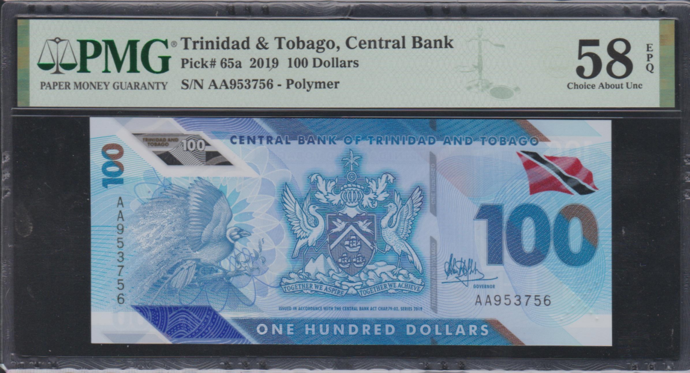 草稿银行第五期国内外钞票拍卖 特立尼达和多巴哥2019年版100元塑料钞 AA首发冠 PMG58e 严重低评