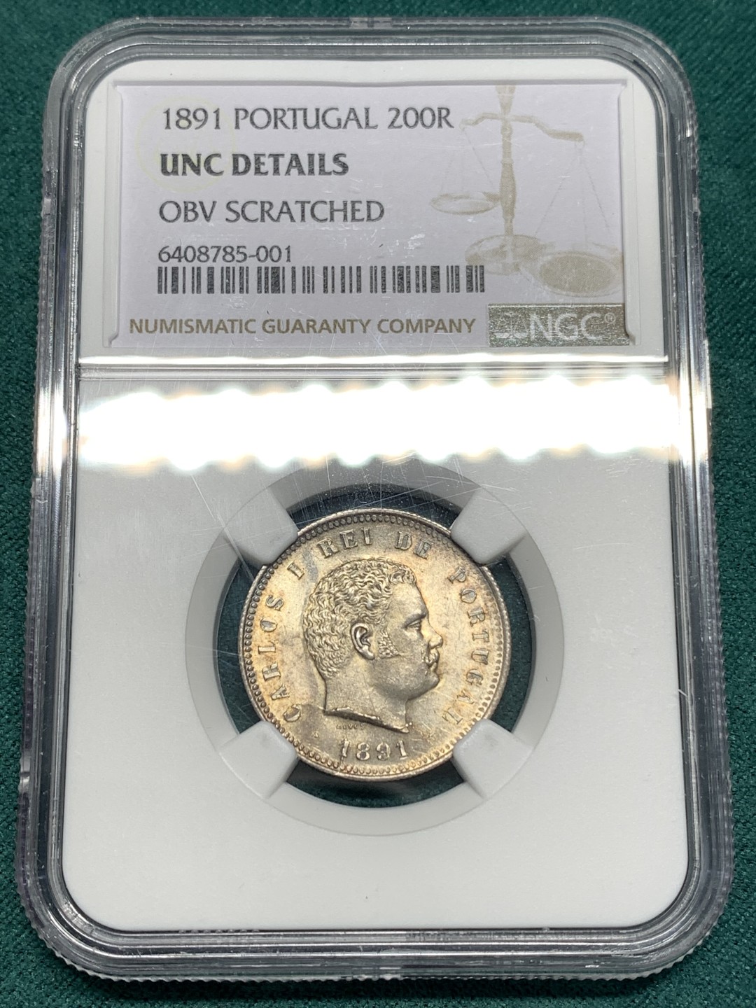 《竞宝斋》第172场-周日，周一2场 (全场包邮) NGC-UNC 葡萄牙1891年 卡洛斯一世 200R银币 原光淡彩 这个面值的很少见