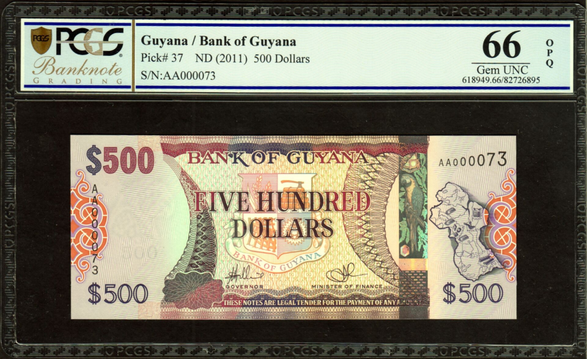 草稿银行第五期国内外钞票拍卖 圭亚那2011年版500元纸币 PCGS66 AA首发冠 十位数小号